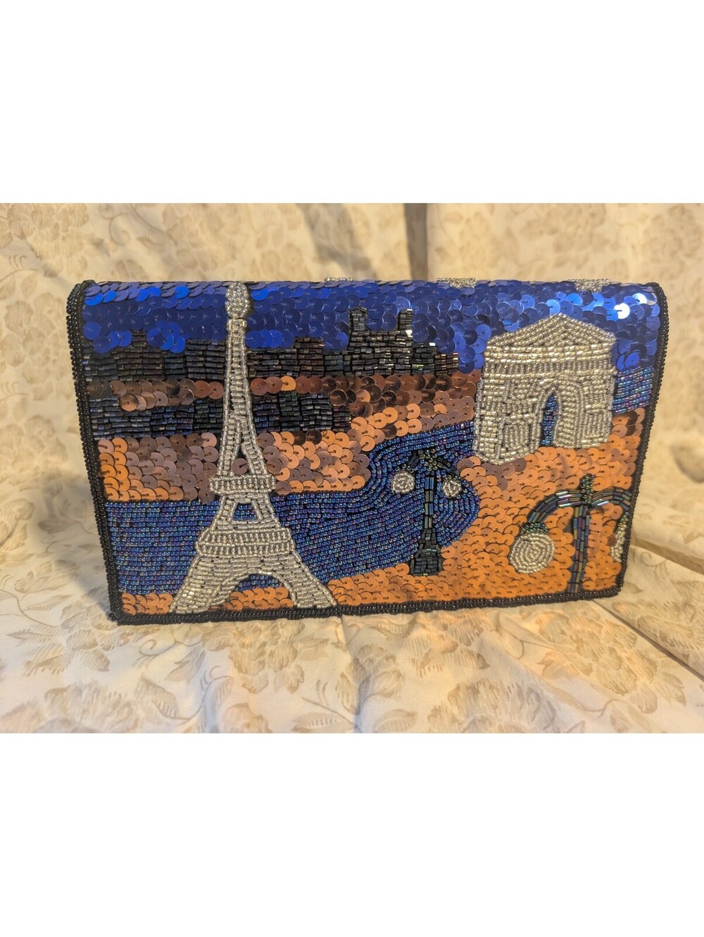 Beaded Paris Landmark Evening Clutch with Magnetic Snap